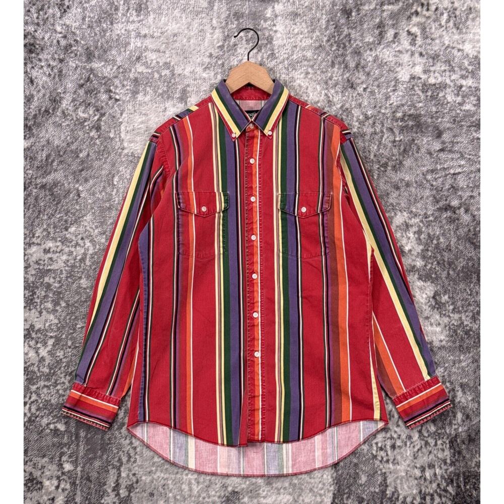 Vintage Wrangler Shirt Large Mens Brushpopper Red Striped Cowboy XL Tails 16